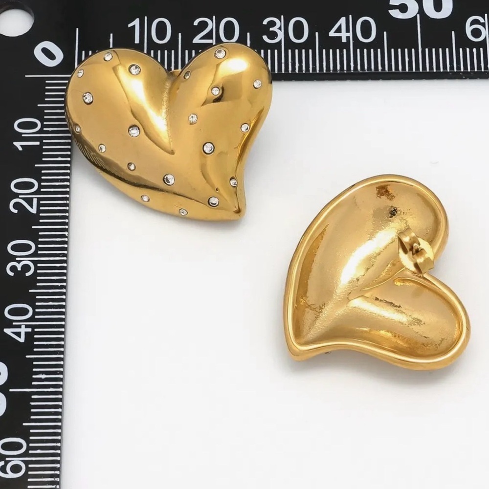 Gold Puffy Large CZ Heart Earrings (7025) - Picture 4 of 4